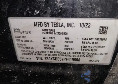 2023 Tesla Model X Dual Motor All-Wheel Drive/Standard Range z USA, uszkodzony, nr VIN 7SAXCDE57PF419608